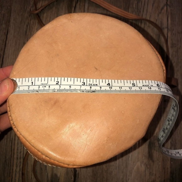 Vtg Mexican Leather Crochet Knit Crossbody Mini Bucket Bag Drawstring Button 70s - Picture 7 of 7